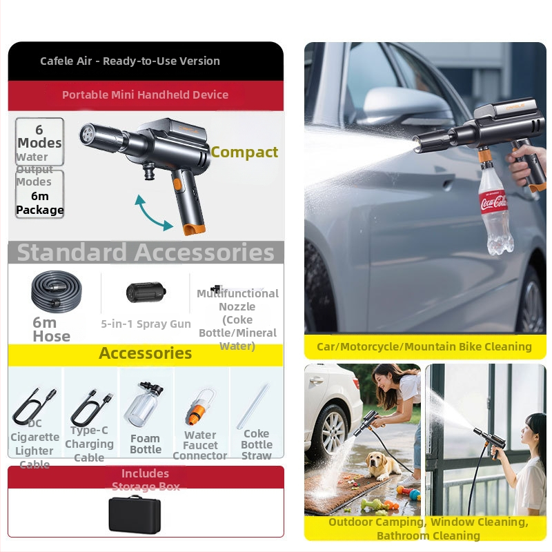 Bezdrôtová autoumývacia pištoľ – ABS telo, maximálny tlak 1,7 MPa, dosah striekania 5 m, dĺžka hadice 6 m, hmotnosť 1,041 kg