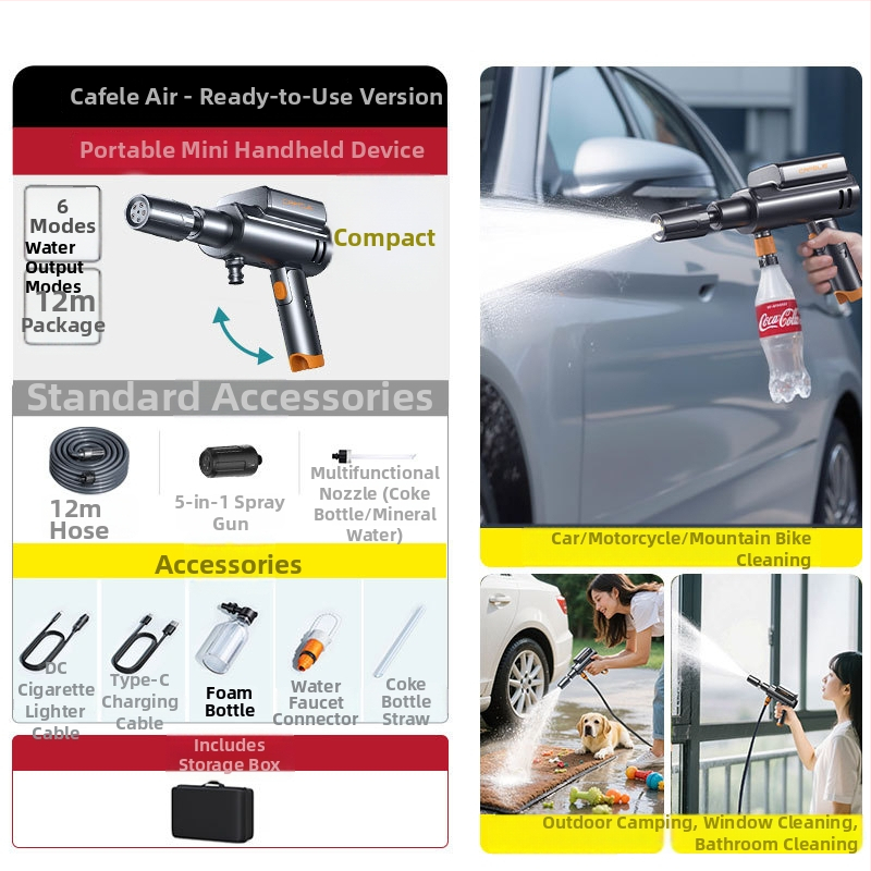 Bezdrôtová autoumývacia pištoľ – ABS telo, maximálny tlak 1,7 MPa, dosah striekania 5 m, dĺžka hadice 6 m, hmotnosť 1,041 kg