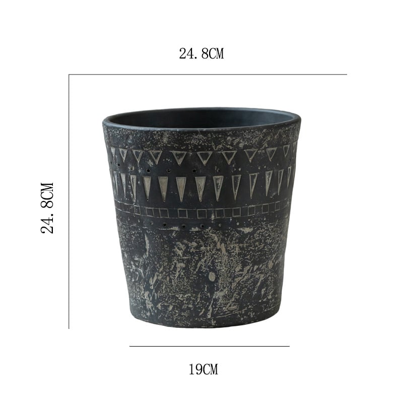 Cementni lonac za cvijeće, minimalistički vintage dizajn, prozračan, čvrst i otporan na koroziju, s reljefnim etničkim uzorkom, za stol ili pod.