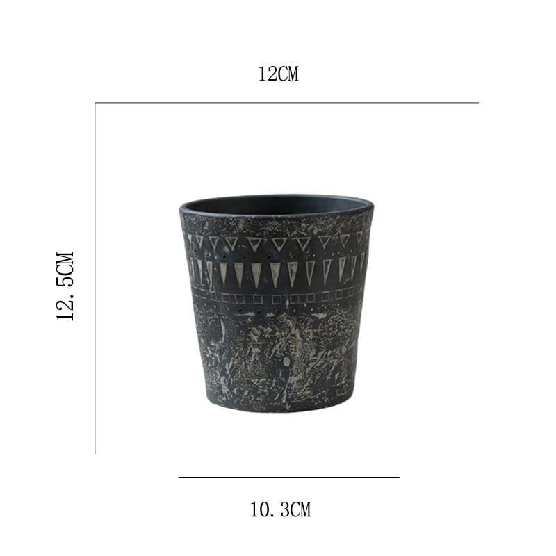 Cementni lonac za cvijeće, minimalistički vintage dizajn, prozračan, čvrst i otporan na koroziju, s reljefnim etničkim uzorkom, za stol ili pod.