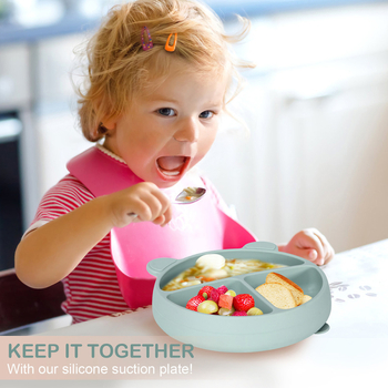 Vaikiška silikono dalijamo lėkštė su prispaudžiamu siurbtuku – gyvūno formos, neslystanti, nuo 3 mėnesių