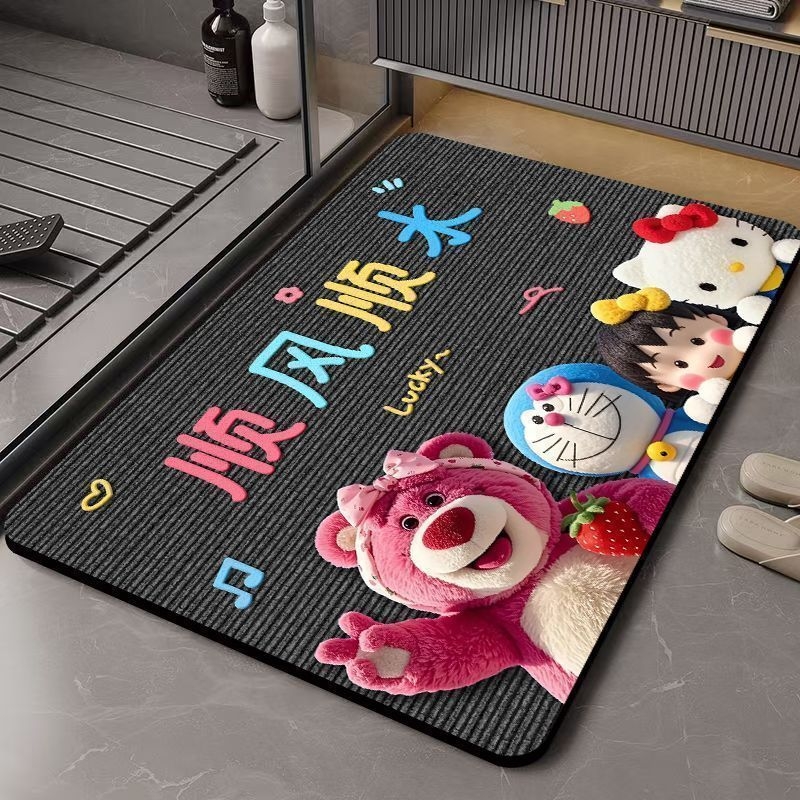 Подложка за баня, абсорбираща вода, бързосъхнеща, флокирана гумена повърхност, карикатурен дизайн, квадратна форма