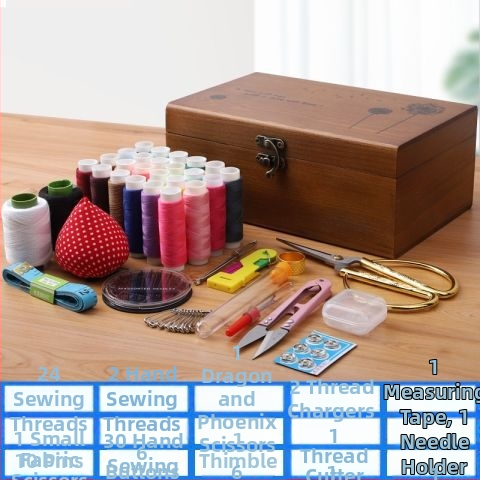 Sada na šitie v drevenej škatuľke – prenášateľná, multifunkčná, ihly a niťová sada