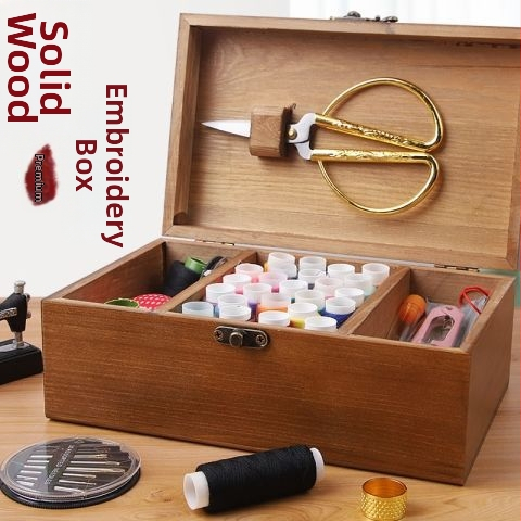 Sada na šitie v drevenej škatuľke – prenášateľná, multifunkčná, ihly a niťová sada