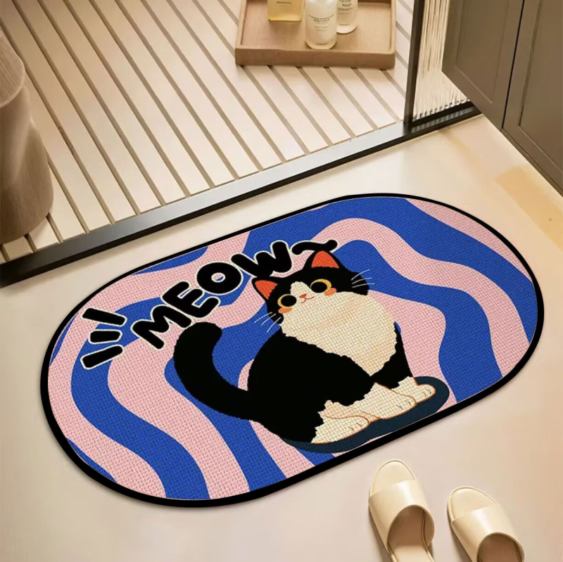 Laneni prostirka za pod s karikaturnom mačkom, upijajuća, protuklizna, brzo suši, kvadratnog oblika za kupaonicu