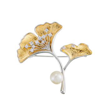 Καρφίτσα φύλλου γίνγκκο με μαργαριτάρι, από κράμα χαλκού, φινιρισμένο βουρτσισμένο, ζιρκόνιο ενθέσεις, unisex