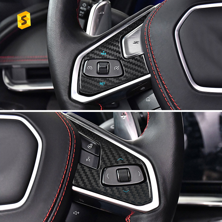 Karbonska pločica za tipke volana za unutarnju preradu Corvette C8 — Materijal: karbonska vlakna; Model: N-KEWT-378; Marka: Sasha carbon fiber; Obrada: Da
