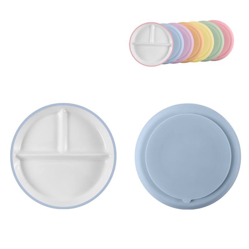 Vaiko keraminė lėkštė su siurbimo kilpeliu ir skirstytomis dalimis; medžiaga keramika + silikonas; tinka nuo 24 mėnesių; 1 vnt komplekte.