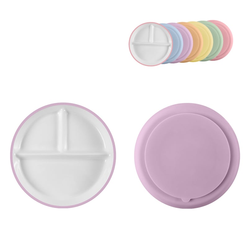 Vaiko keraminė lėkštė su siurbimo kilpeliu ir skirstytomis dalimis; medžiaga keramika + silikonas; tinka nuo 24 mėnesių; 1 vnt komplekte.