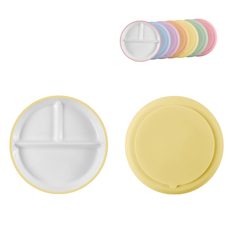 Vaiko keraminė lėkštė su siurbimo kilpeliu ir skirstytomis dalimis; medžiaga keramika + silikonas; tinka nuo 24 mėnesių; 1 vnt komplekte.