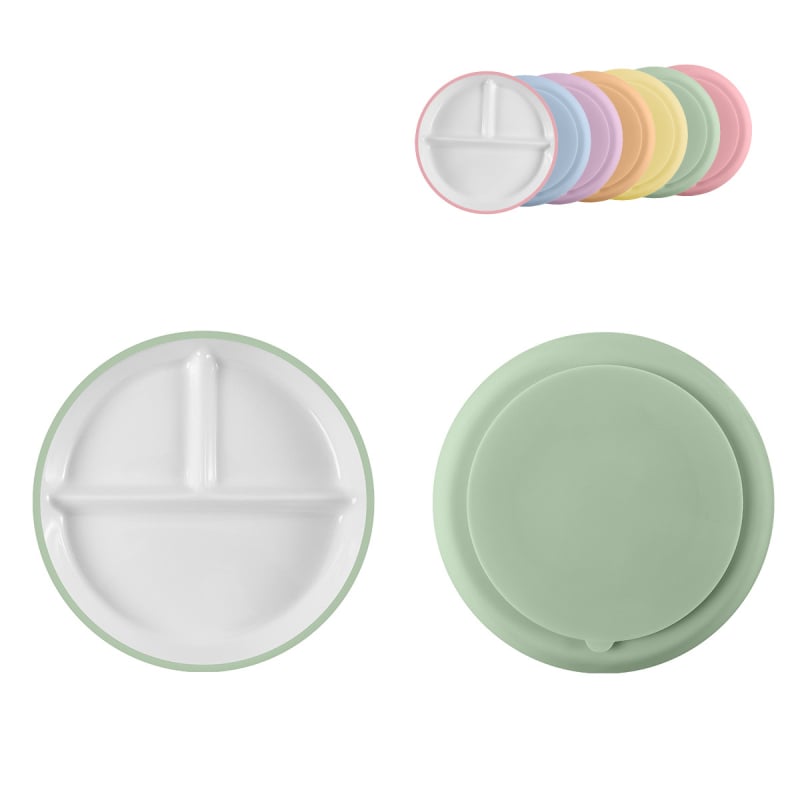 Vaiko keraminė lėkštė su siurbimo kilpeliu ir skirstytomis dalimis; medžiaga keramika + silikonas; tinka nuo 24 mėnesių; 1 vnt komplekte.