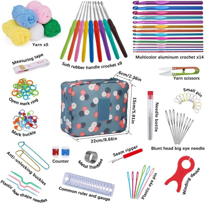 107-dijelni set crochet za početnike — sveobuhvatni paket materijala, prijenosni alati za crochet vunom
