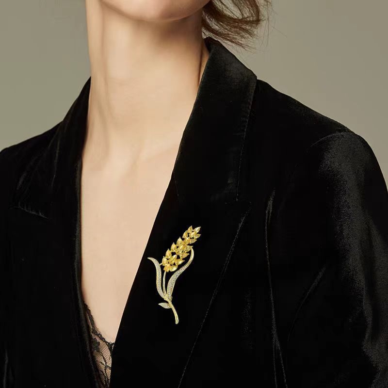 Χαλκός καρφίτσα με μικρο-παβέ ζιρκόν και μοτίβο χρυσού σιταριού – μεταλλική επίστρωση, γυναικείο διακοσμητικό αξεσουάρ