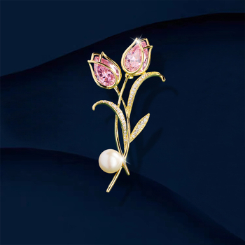 Broșă cu floare din cupru și zirconiu — accesorii feminine în stil light-lux, formă florală, decorativ multifuncțional