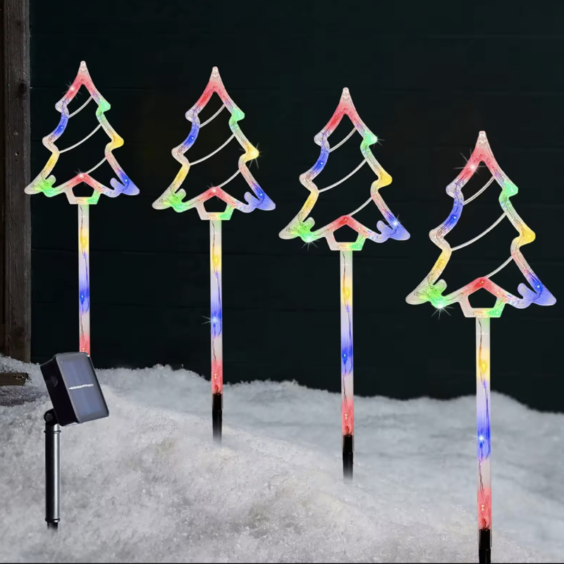 Lumină solară LED pentru grădină – set de 4 corpuri în formă de stea și brad, IP44, 0.6W, 2V, CE certificat