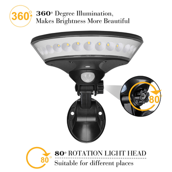 Solarna zidna lampa za dvorište s 360° osvjetljenjem; model UFO, IP65, LED, 3,7 V, 2 W, trajanje 12–16 sati