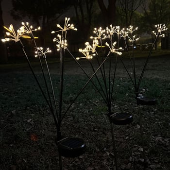 Ηλιακή λάμπα κήπου με σχέδιο πυροτεχνημάτων και φωτεινά μυγάκια, IP44, 5000 lm, 6–12 ώρες λειτουργίας, CE πιστοποίηση, προσαρμόσιμη