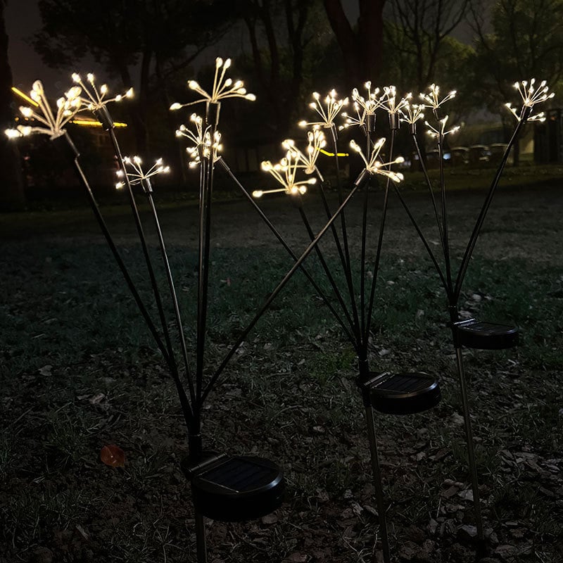 Ηλιακή λάμπα κήπου με σχέδιο πυροτεχνημάτων και φωτεινά μυγάκια, IP44, 5000 lm, 6–12 ώρες λειτουργίας, CE πιστοποίηση, προσαρμόσιμη