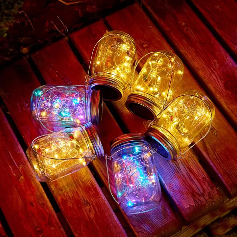 Solarna LED Mason Jar lampa za vanjsku upotrebu — staklena posuda, bakrena žica, viseća rasvjeta za vrtni krajolik