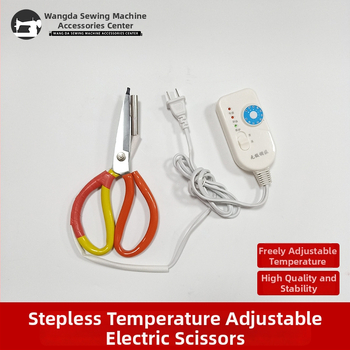 Elektrické nožnice s nastaviteľnou teplotou na strihanie pásov, zipsov a elastických pásov; Príkon 150 W, maximálna rezná kapacita 10, napätie 50–250 V.