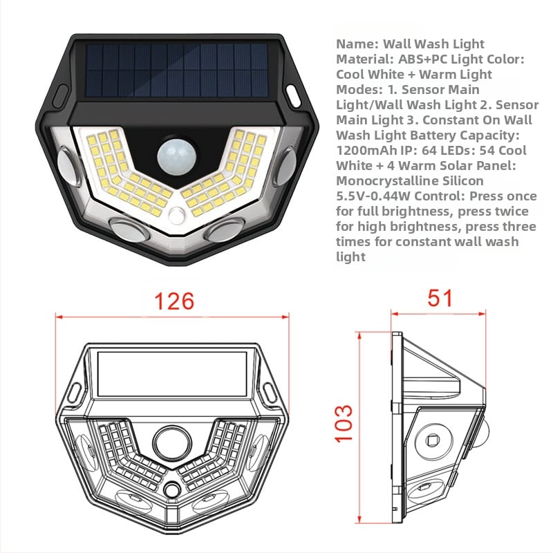 Solarna vanjska zidna svjetiljka s senzorom pokreta, dekorativno osvjetljenje dvorišta, konveksna leća, infracrveno
