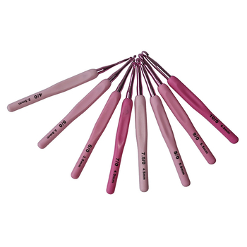 Комплект алуминиеви куки за плетене (8 бр.) с меки пластмасови дръжки, PU опаковка, включени ножици за конец