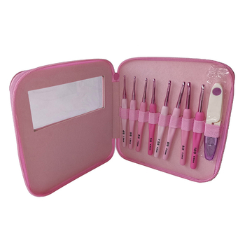 Комплект алуминиеви куки за плетене (8 бр.) с меки пластмасови дръжки, PU опаковка, включени ножици за конец