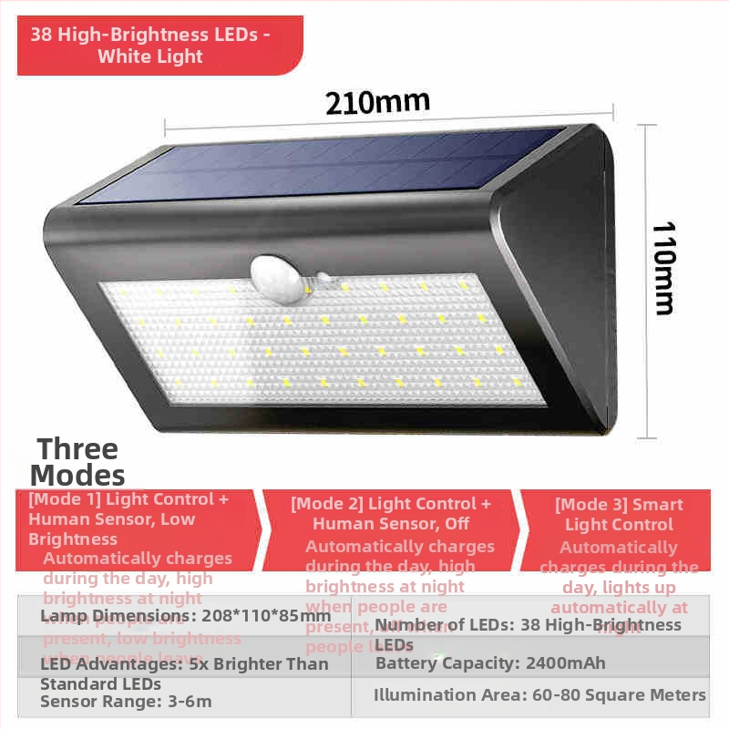 Solárne vonkajšie svetlo na záhradu s pohybovým senzorom, IP66 vodotesné, 5000 lm, 6000K, LED stenové svetlo 100-300W