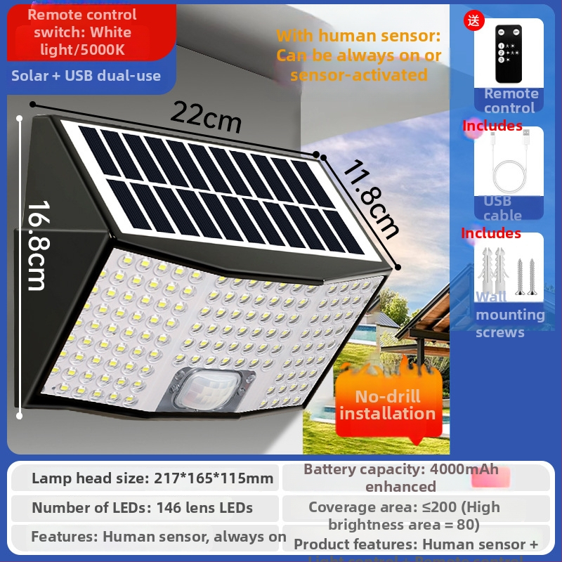 Solárne vonkajšie svetlo na záhradu s pohybovým senzorom, IP66 vodotesné, 5000 lm, 6000K, LED stenové svetlo 100-300W