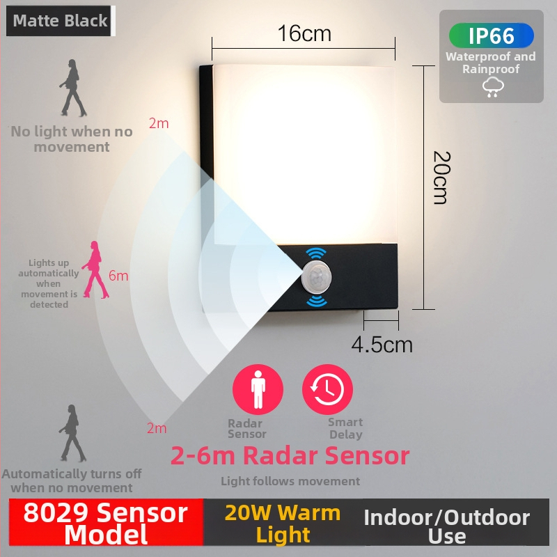 Vonkajšia stenová lampa s pohybovým senzorom, IP65 vodotesná, 20 LED, 1600 lm, 6000K biele svetlo, 110-220V