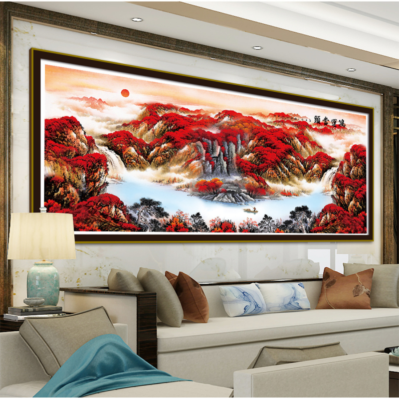 Veliki križno šiven zidni prikaz s pejzažom: dom uz rijeku i planine, ručno izrađena vezenja, dekor dnevnog boravka, motiv posude blaga