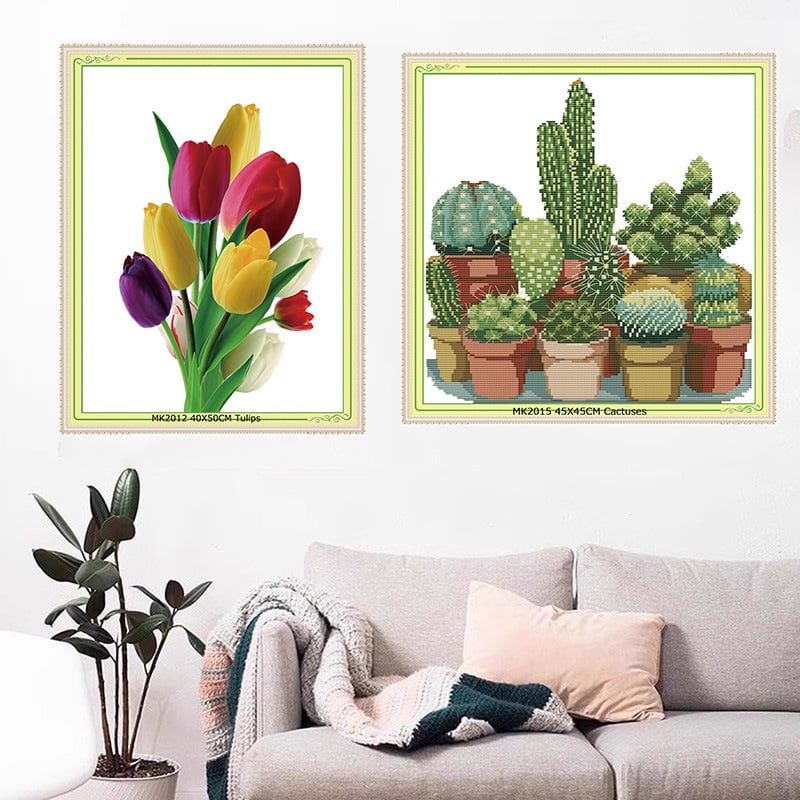 Keresztszemes készlet: virág/fű/levél műanyag vásznon, 11CT, modern minimalista stílus, készlet keresztszemes hímzéshez