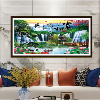 Keresztvarrás készlet pamut anyagon, kínai stílusú táj minta, Tájkép sorozat, tartalmaz hímzőfonalat