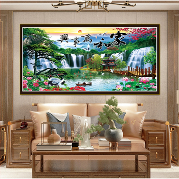 Keresztvarrás készlet pamut anyagon, kínai stílusú táj minta, Tájkép sorozat, tartalmaz hímzőfonalat