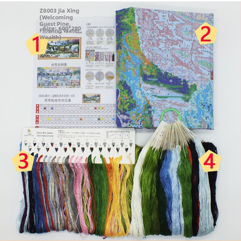 Keresztvarrás készlet pamut anyagon, kínai stílusú táj minta, Tájkép sorozat, tartalmaz hímzőfonalat