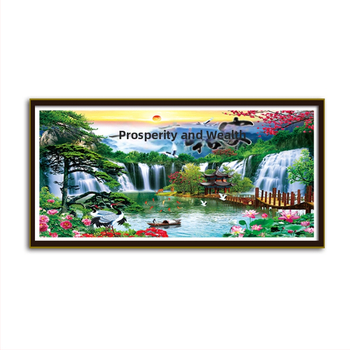 Keresztvarrás készlet pamut anyagon, kínai stílusú táj minta, Tájkép sorozat, tartalmaz hímzőfonalat