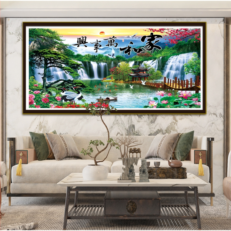 Keresztvarrás készlet pamut anyagon, kínai stílusú táj minta, Tájkép sorozat, tartalmaz hímzőfonalat