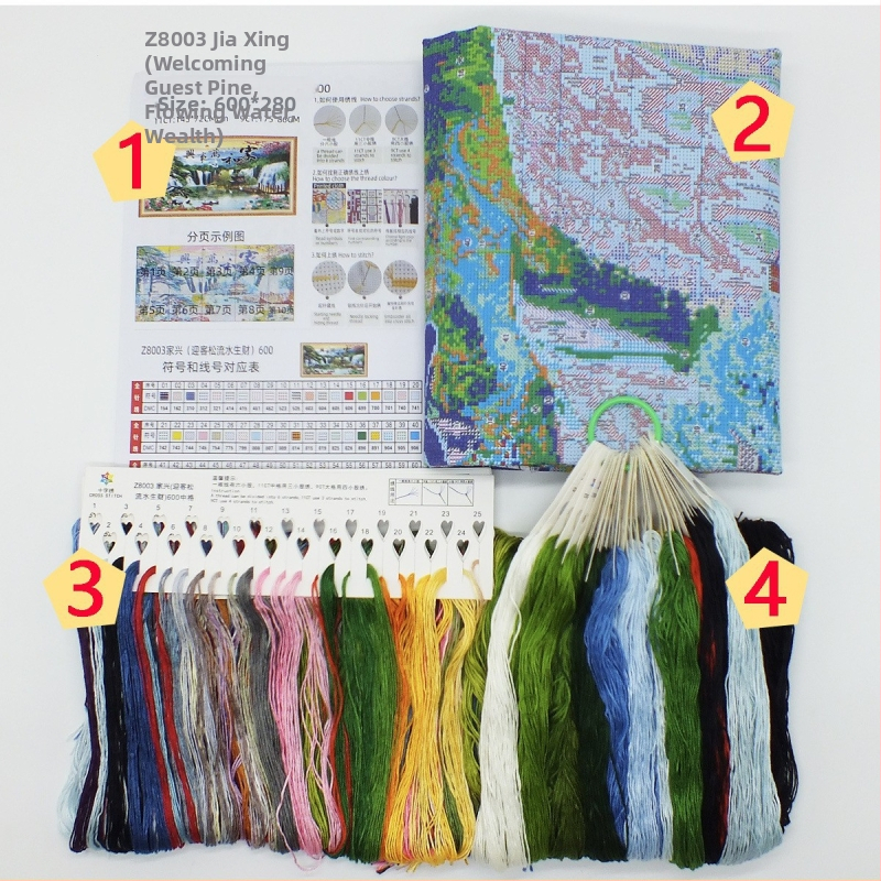 Keresztvarrás készlet pamut anyagon, kínai stílusú táj minta, Tájkép sorozat, tartalmaz hímzőfonalat