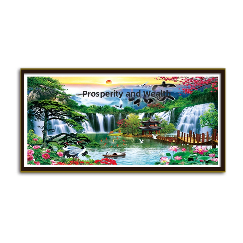 Keresztvarrás készlet pamut anyagon, kínai stílusú táj minta, Tájkép sorozat, tartalmaz hímzőfonalat