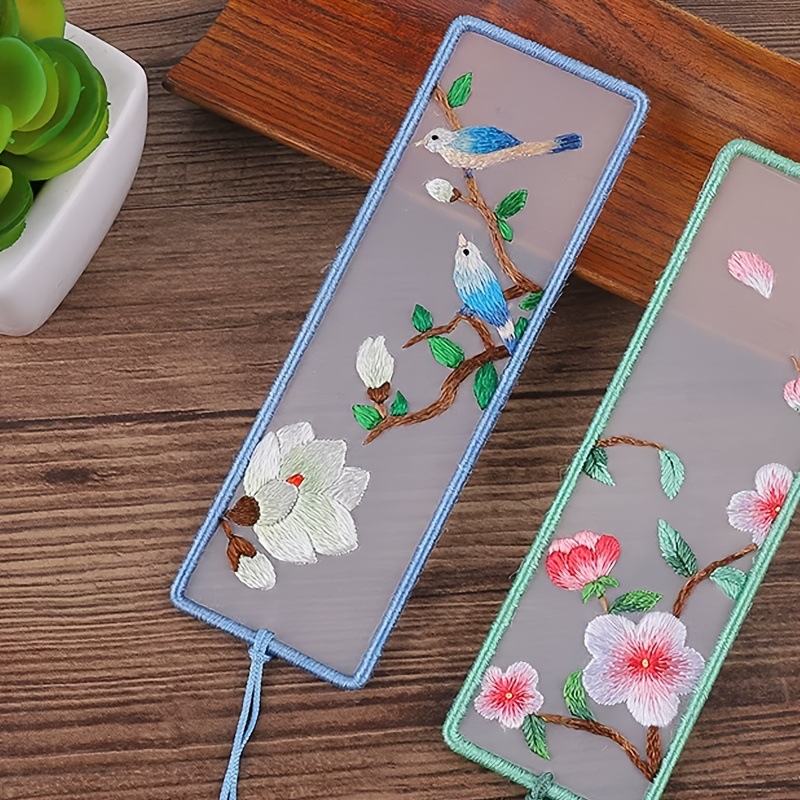 Kit de broderie cu flori și păsări pentru semn de carte — pachet de materiale din țesătură, stil Chinez Nou, pentru studiu
