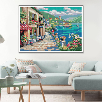 Kit de broderie încrucișată: peisaj la cafenea de litoral, pânză 11ct, bumbac ecologic, decor pentru living