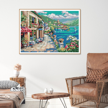 Kit de broderie încrucișată: peisaj la cafenea de litoral, pânză 11ct, bumbac ecologic, decor pentru living