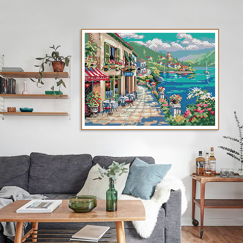 Kit de broderie încrucișată: peisaj la cafenea de litoral, pânză 11ct, bumbac ecologic, decor pentru living