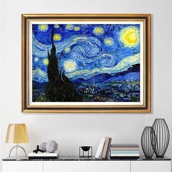 Kit de broderie cu cruci, având motiv Noaptea Înstelată de Van Gogh, pânză din bumbac, stil modern minimalist, pentru living sau birou.