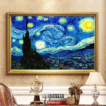 Kit de broderie cu cruci, având motiv Noaptea Înstelată de Van Gogh, pânză din bumbac, stil modern minimalist, pentru living sau birou.