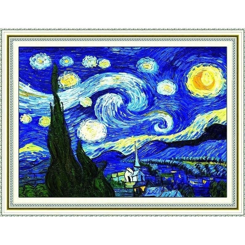 Kit de broderie cu cruci, având motiv Noaptea Înstelată de Van Gogh, pânză din bumbac, stil modern minimalist, pentru living sau birou.