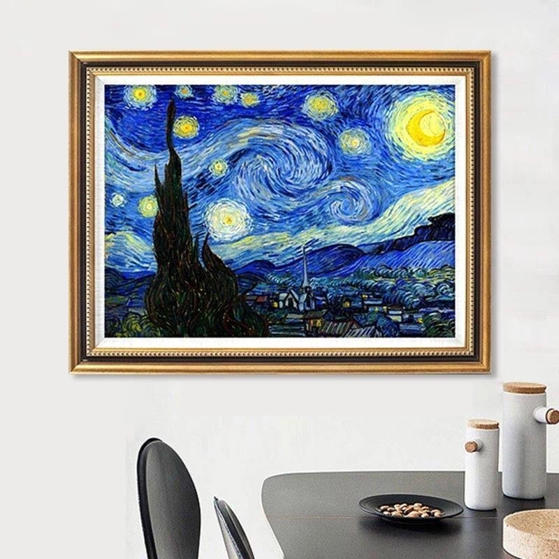 Kit de broderie cu cruci, având motiv Noaptea Înstelată de Van Gogh, pânză din bumbac, stil modern minimalist, pentru living sau birou.