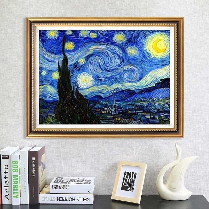 Kit de broderie cu cruci, având motiv Noaptea Înstelată de Van Gogh, pânză din bumbac, stil modern minimalist, pentru living sau birou.