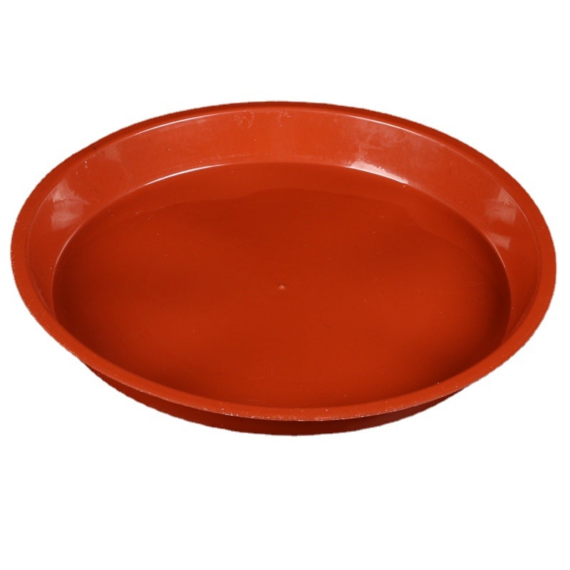 Кръгла пластмасова подложка за саксия с плосък ръб — инжекционно формована, издръжлива, водоспестяваща; за настолна и подова употреба; подходяща за саксии и сукуленти.