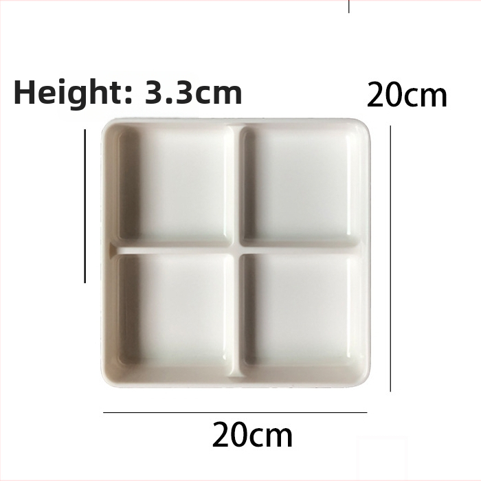 Melamínový štvorpriestorový tanier na občerstvenie, štvorcový tvar, moderný minimalistický dizajn; vhodné pre hotely, jedlá, kávu a čaj.
